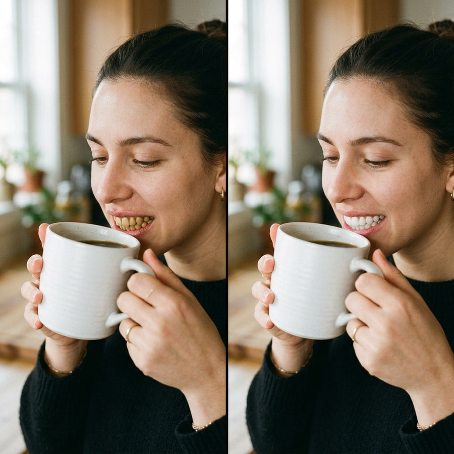 Wine-stained smile before and visibly whiter after two weeks of swishing